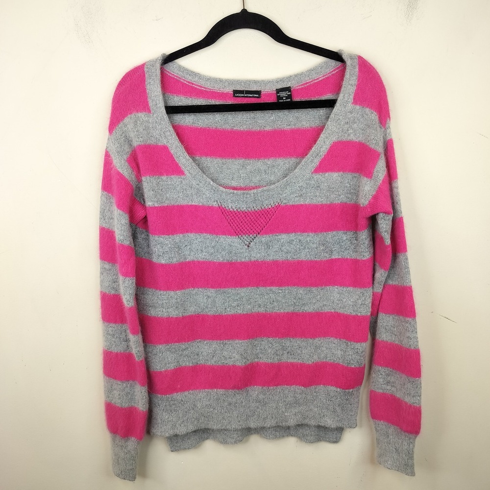 Moda International Angora Sweater Pink Grey Striped Medium Soft Fuzzy Y2K